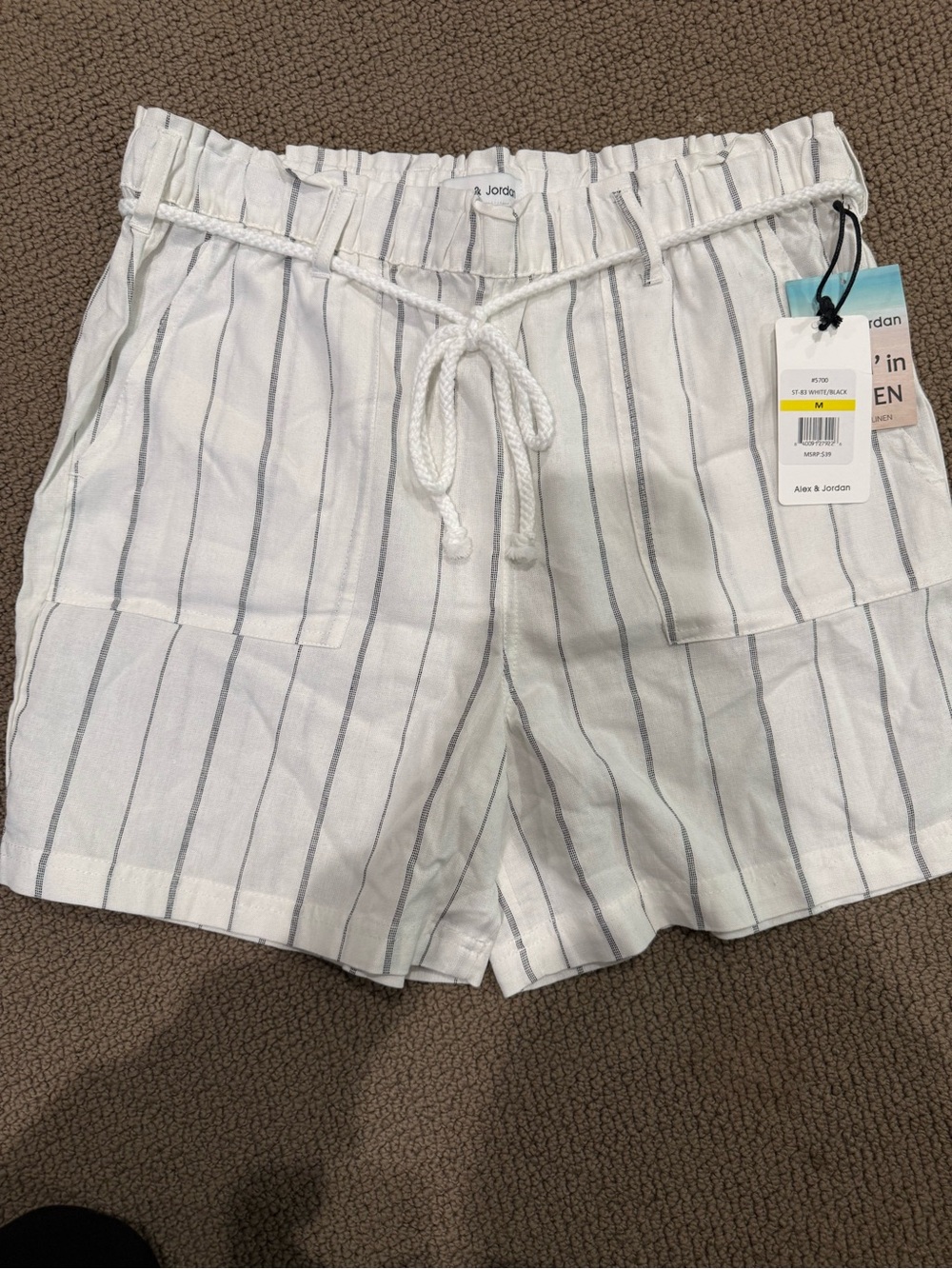 White High-Waist Striped Drawstring Shorts